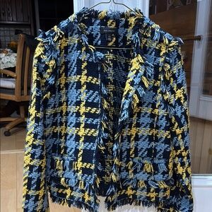 Halogen plaid tweed open front jacket with fringe detailing